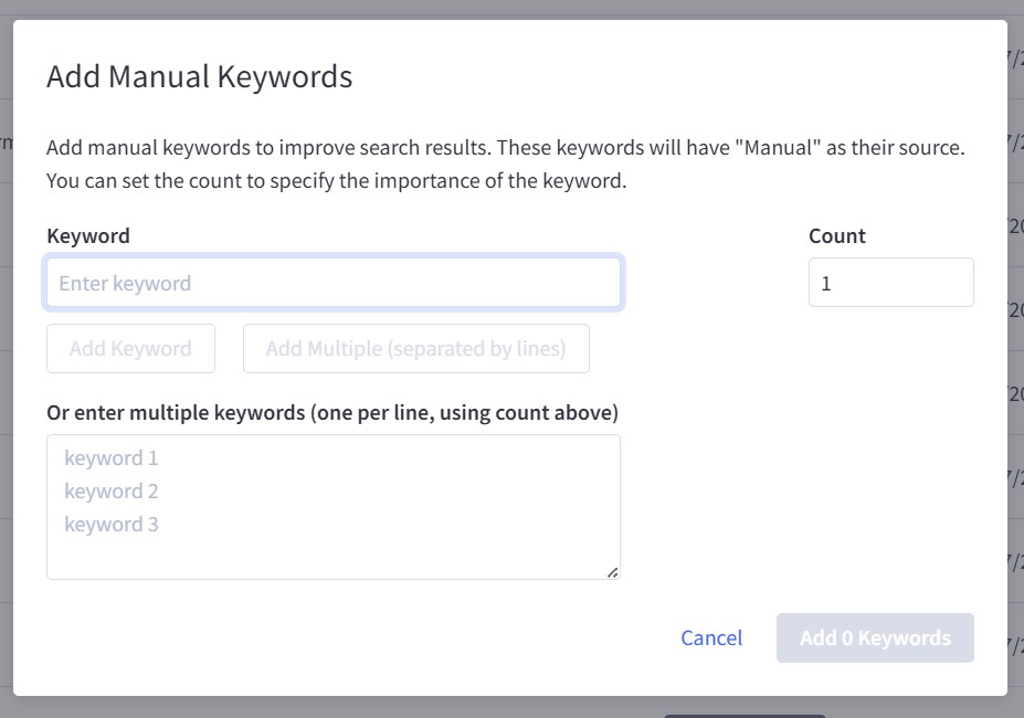 Add Manual Keywords dialog