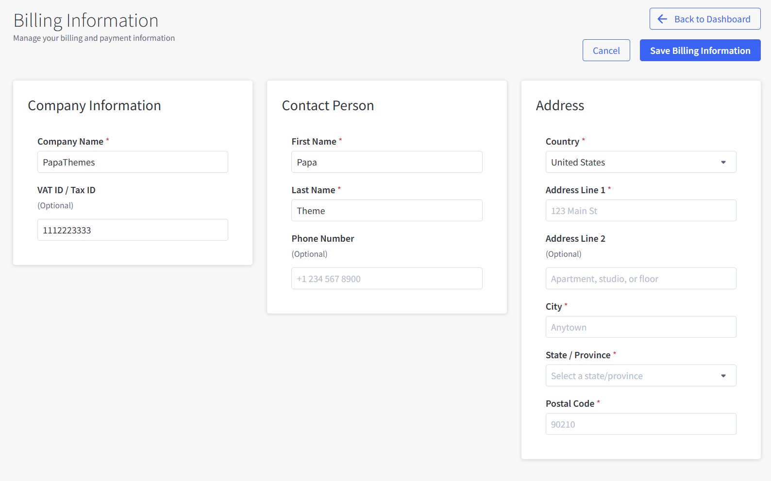 Billing Information Interface