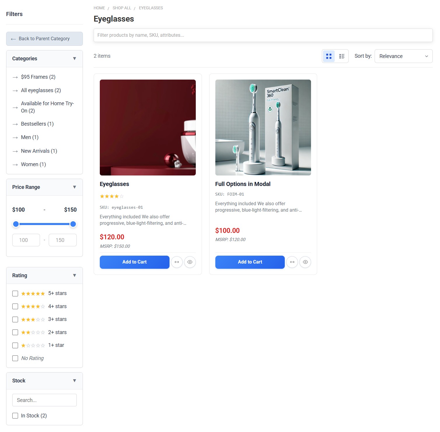 Category page with filters