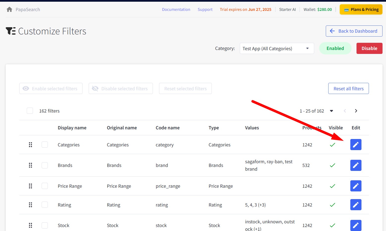 Filter table with Edit button highlighted