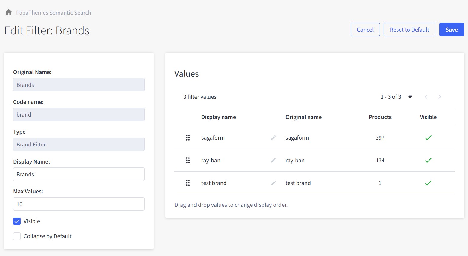 Brand filter configuration screen
