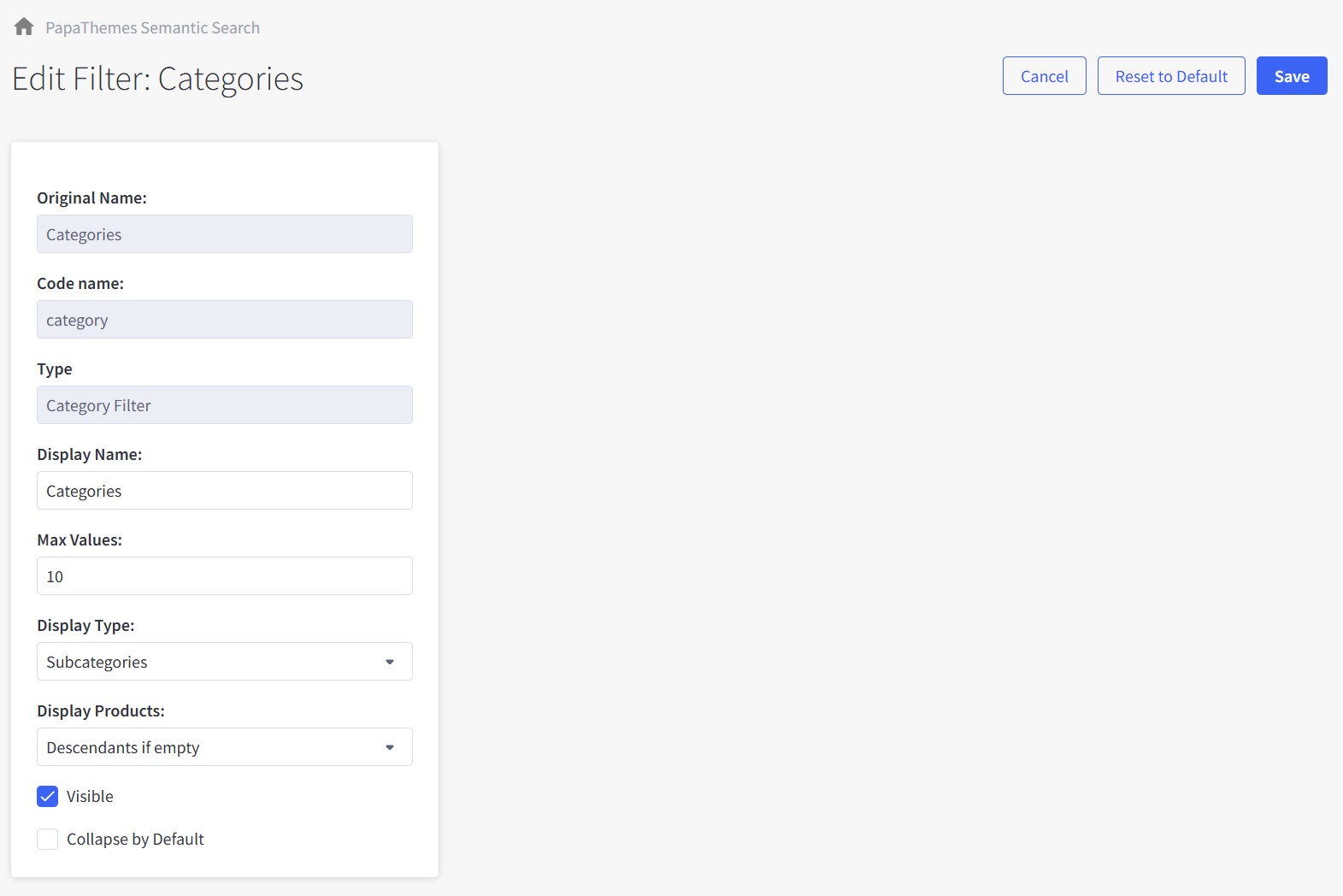Category filter configuration screen