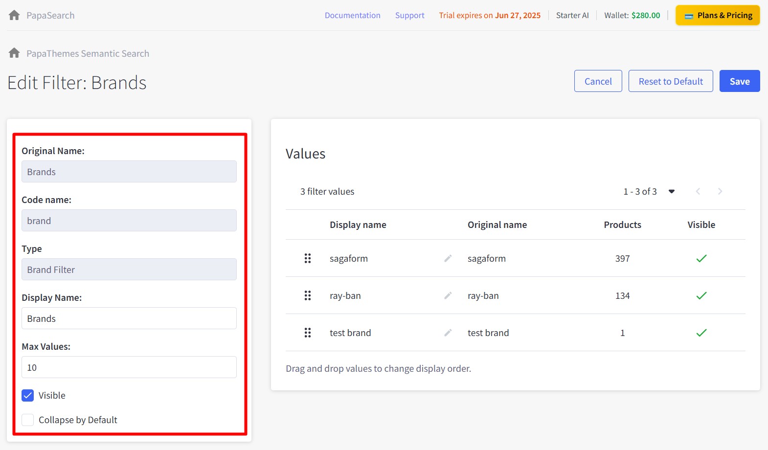 Edit filter common fields