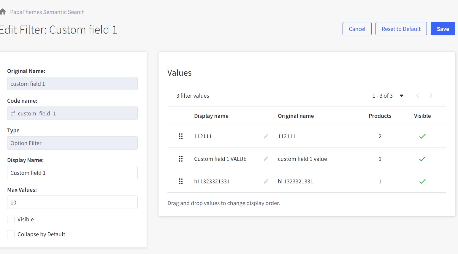 Custom field filter configuration