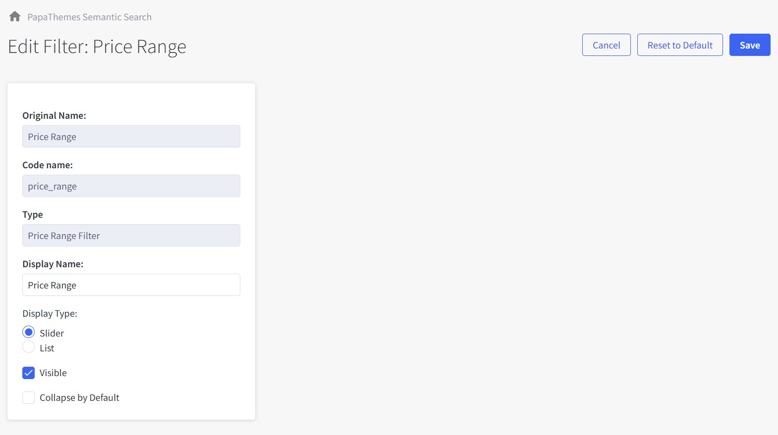 Price filter configuration screen
