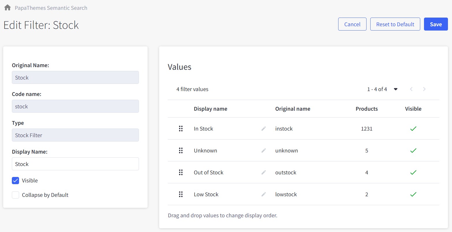 Stock status filter configuration