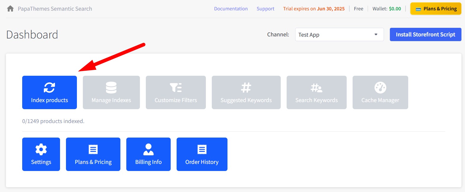 Index products button