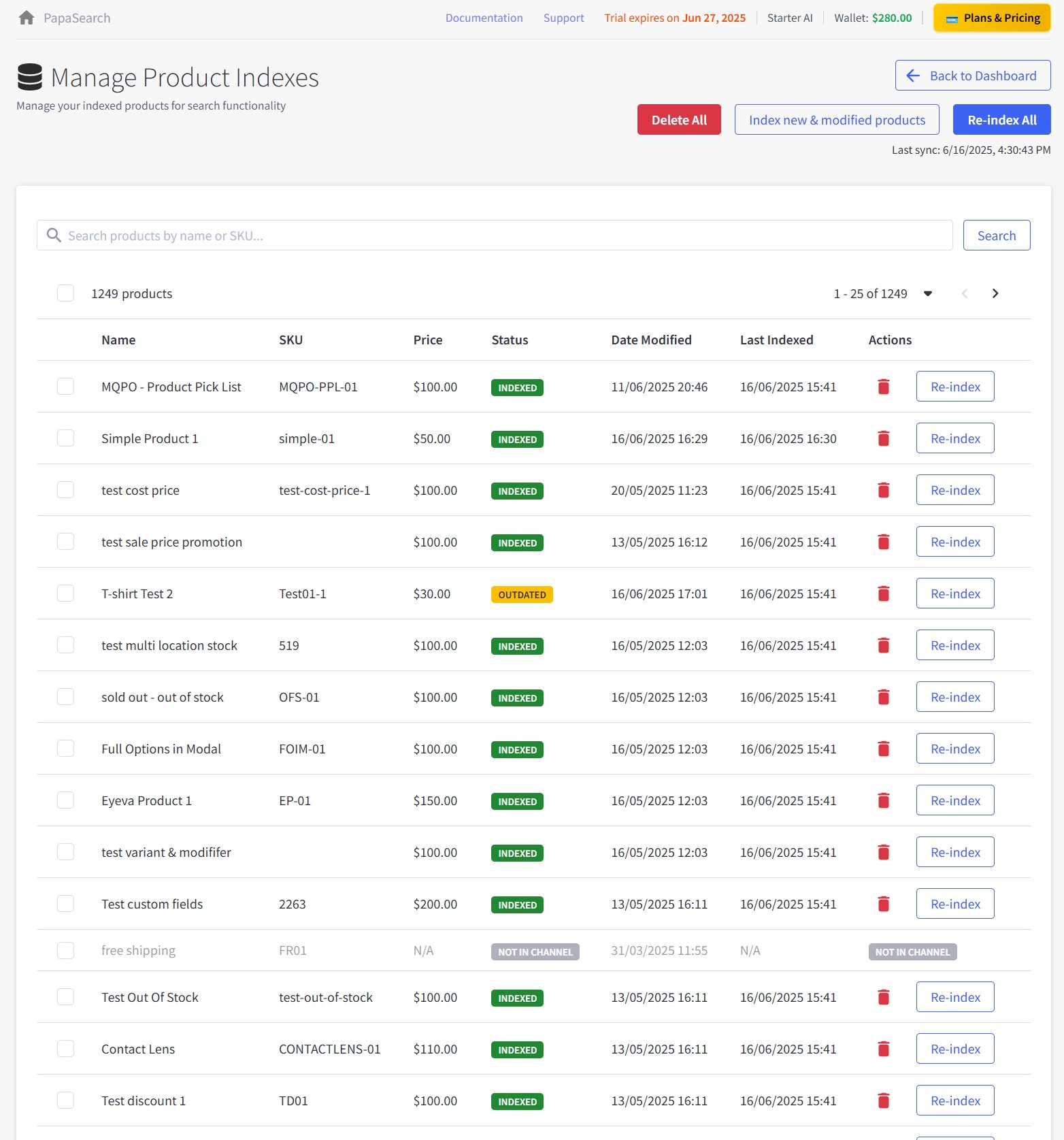 Product Index Management page