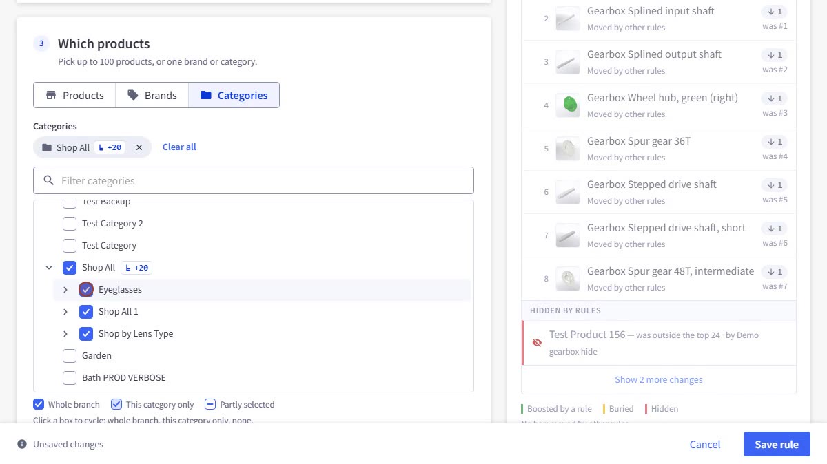 The category picker: Shop All selected as a whole branch, with its subcategories ticked and a +20 chip