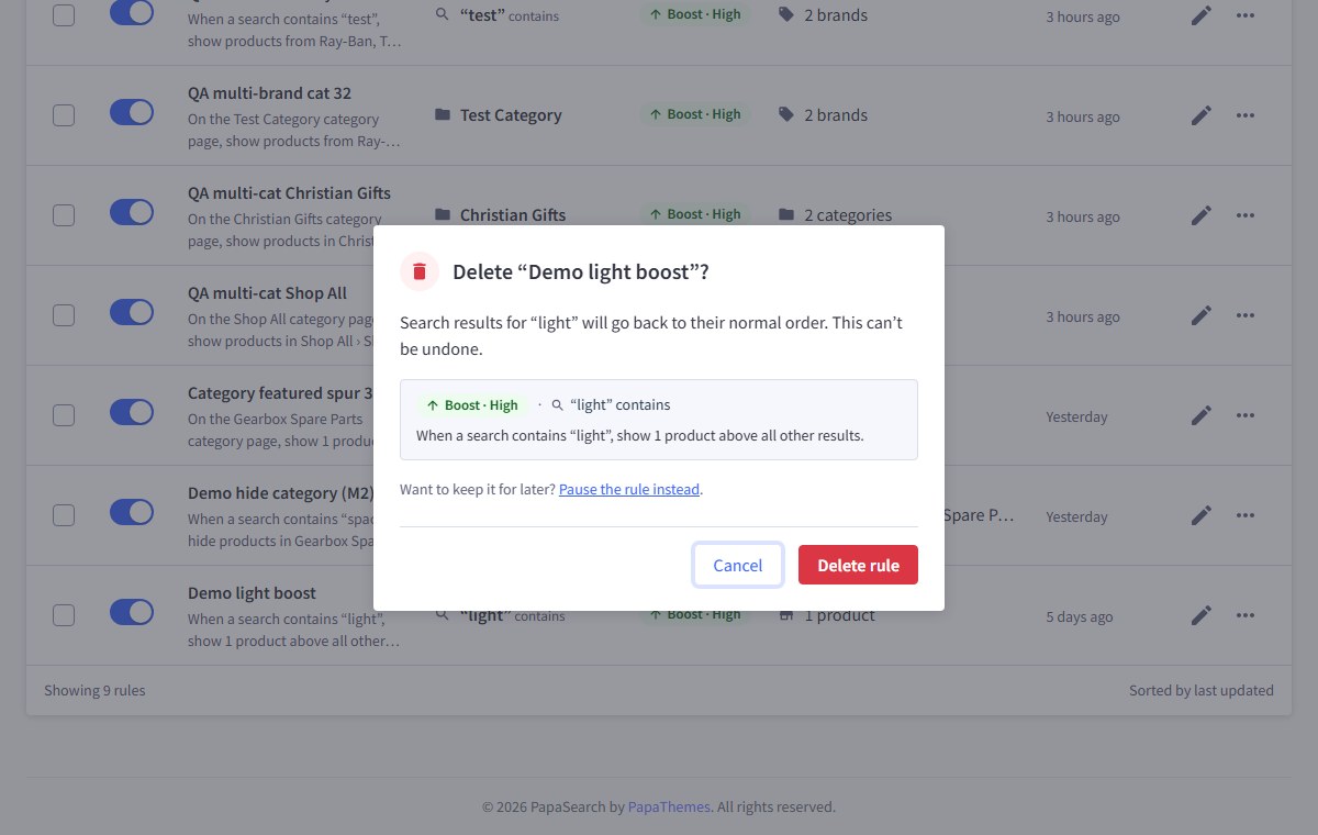 Delete dialog: a summary of the rule, Pause the rule instead, and Cancel focused by default