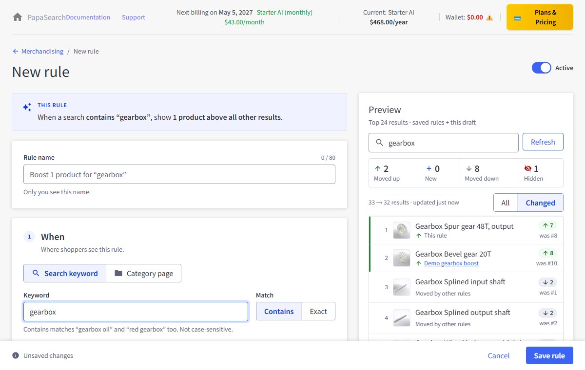The rule editor: keyword gearbox, the summary sentence at the top and the live Preview on the right