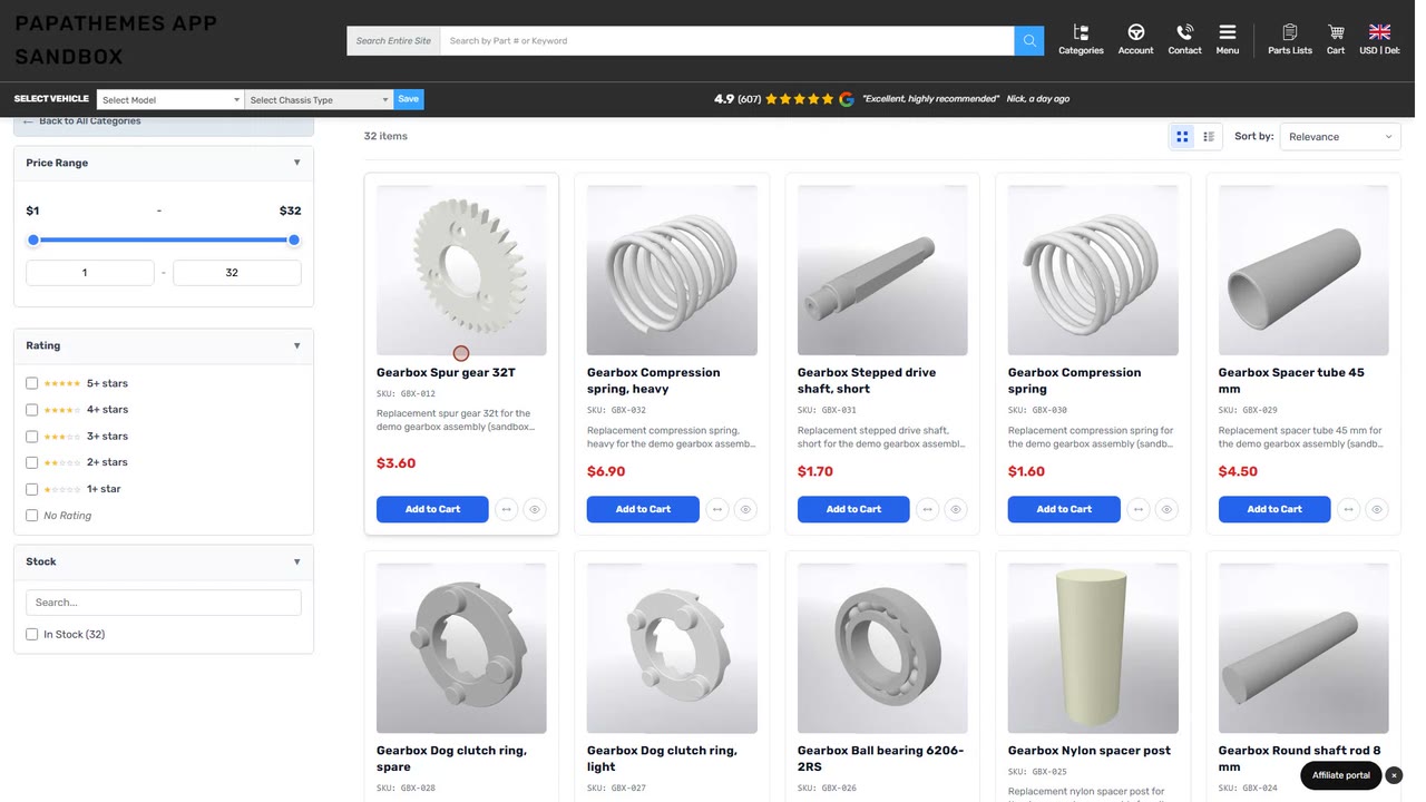The Gearbox Spare Parts category page on the storefront, led by the boosted product