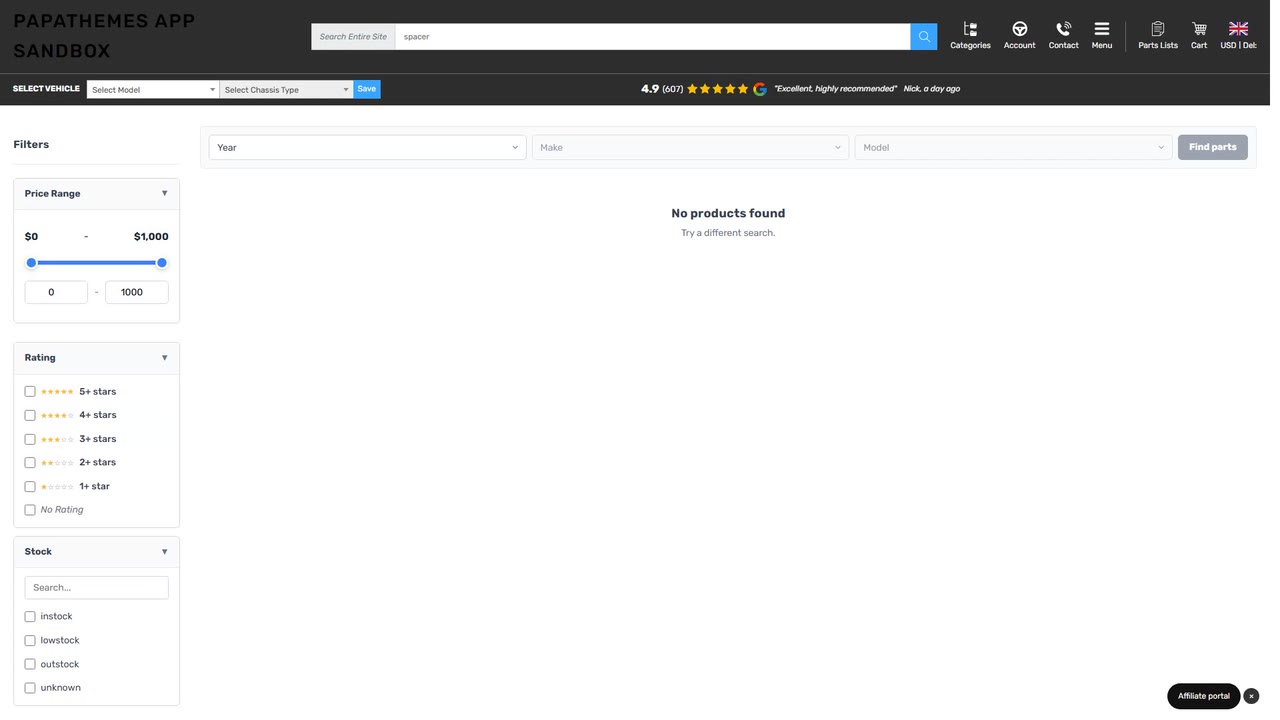 The storefront shows No products found when a Hide rule removes every result