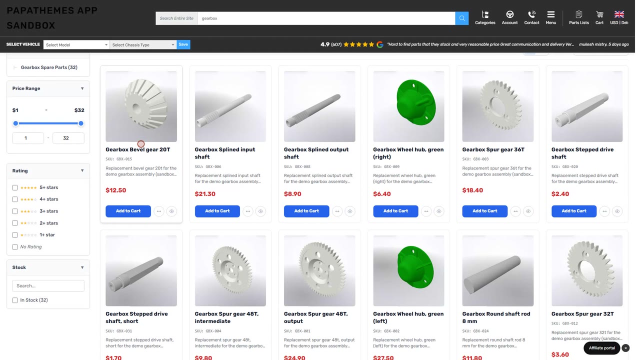 A search for gearbox on the storefront: the boosted bevel gear is first and a hidden product is gone