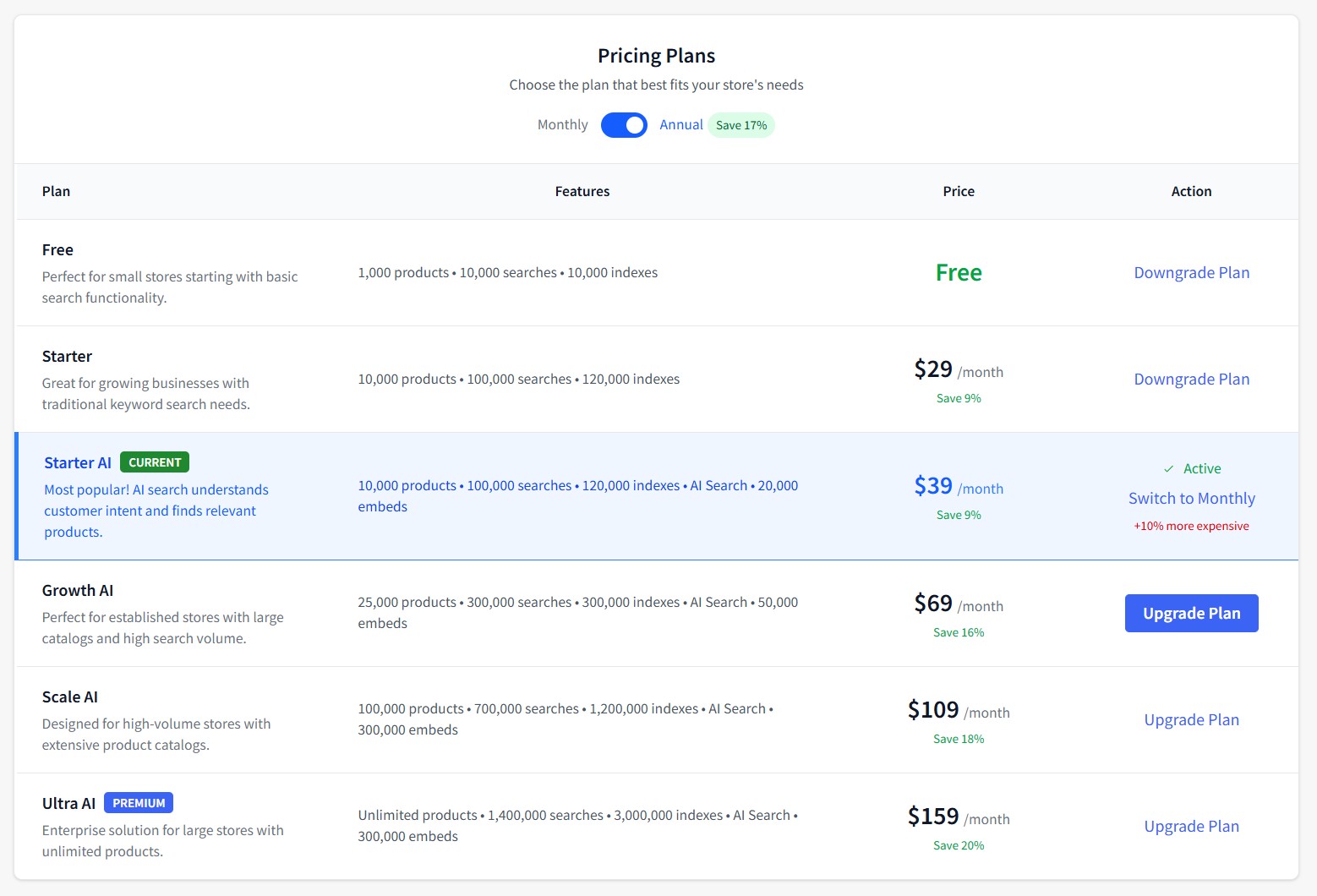 Pricing Plans Interface
