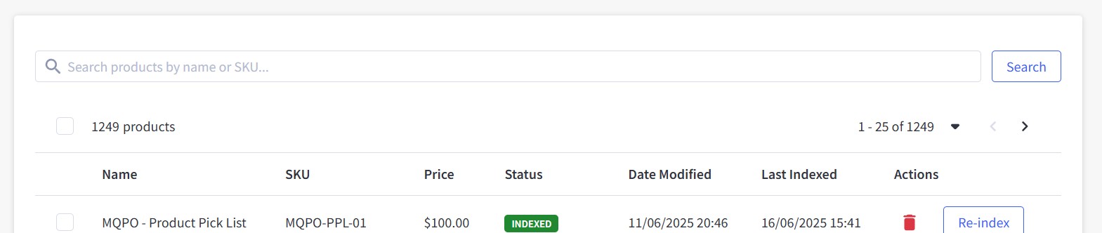 Product Indexes Search and Filter Controls