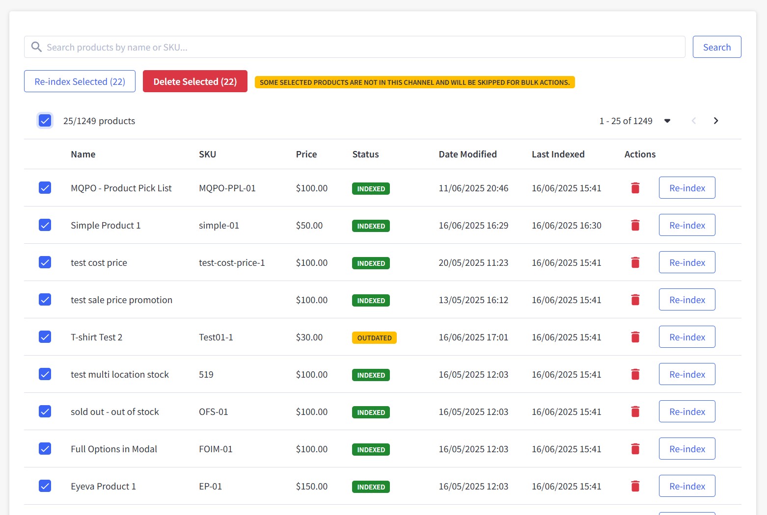 Multiple products selected with checkboxes