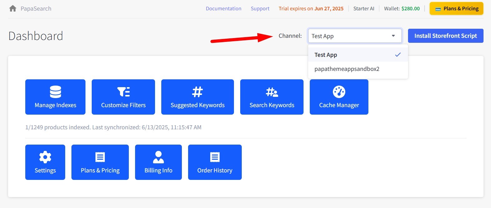 Channel selection dropdown