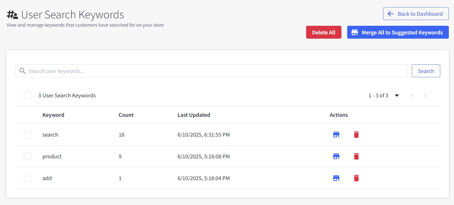 User Search Keywords interface